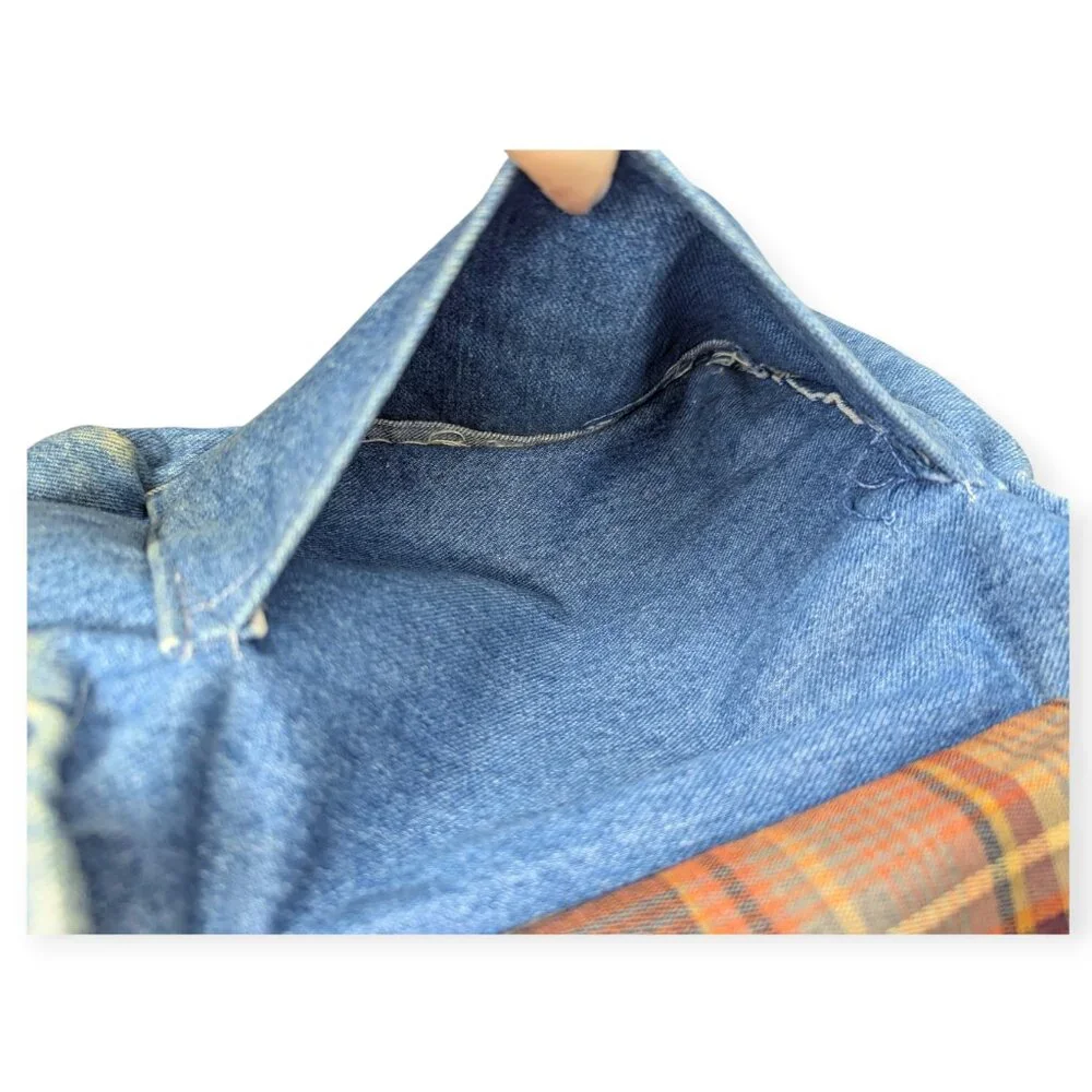Ozark Mountain Handbags Casual Blue Denim Tote with Wooden Handles Plaid Lining